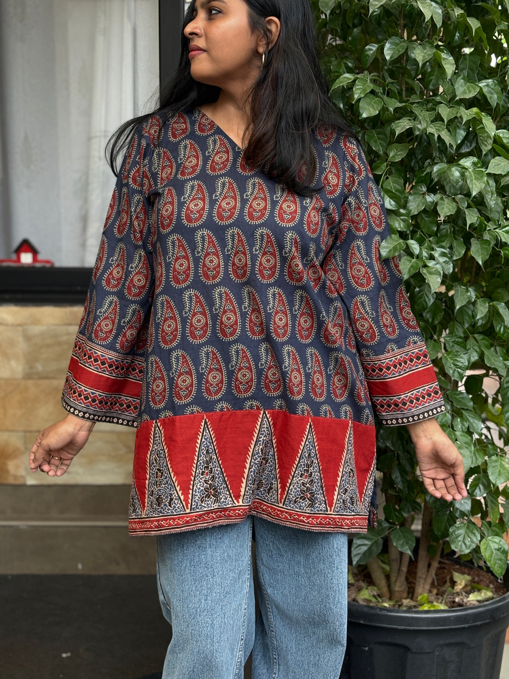 Short Kurti -  Blue Mango Red Border