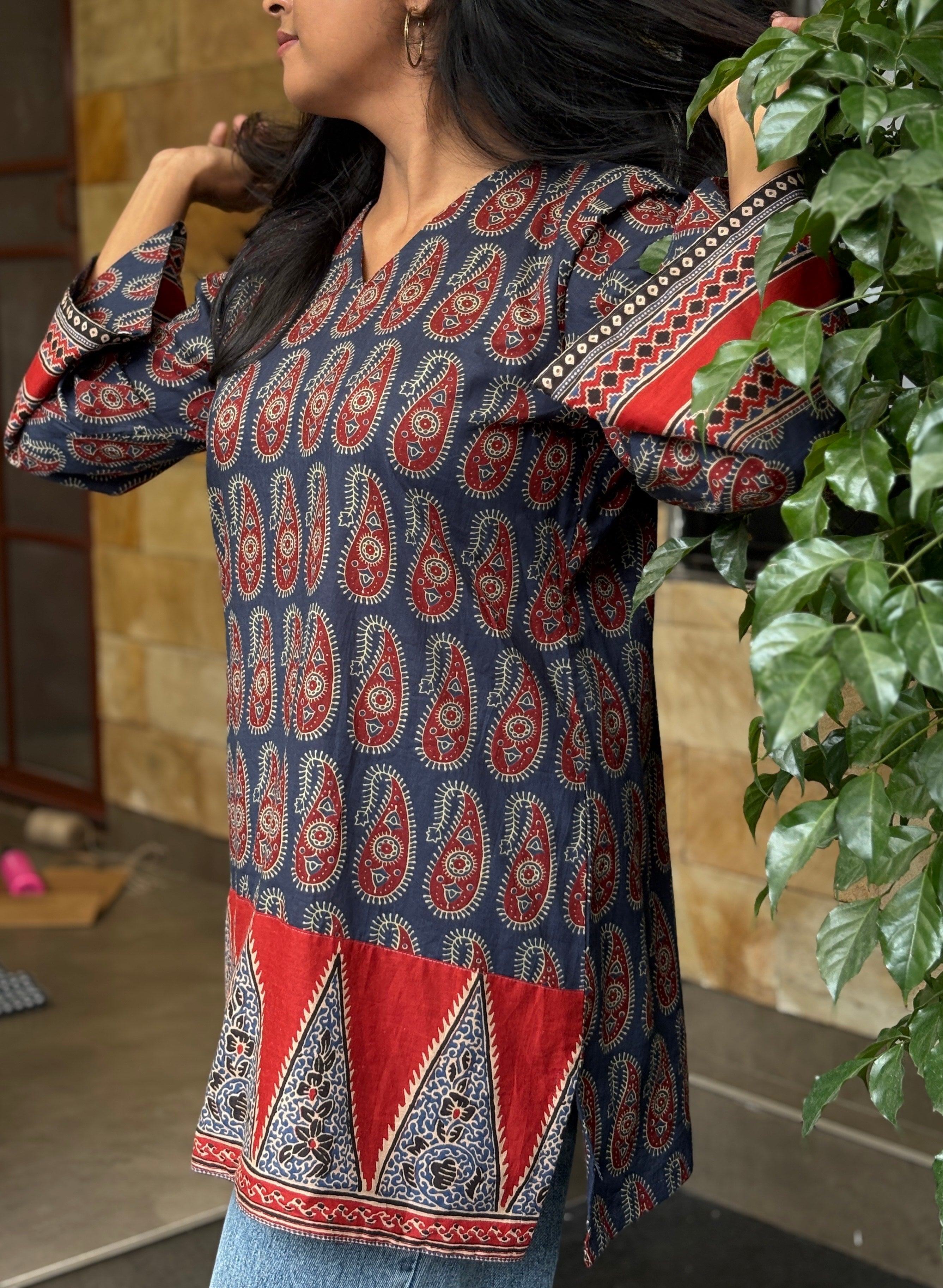 Short Kurti -  Blue Mango Red Border