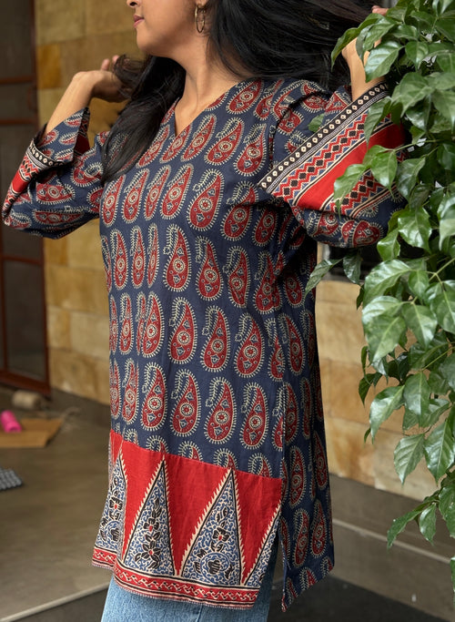 Short Kurti -  Blue Mango Red Border