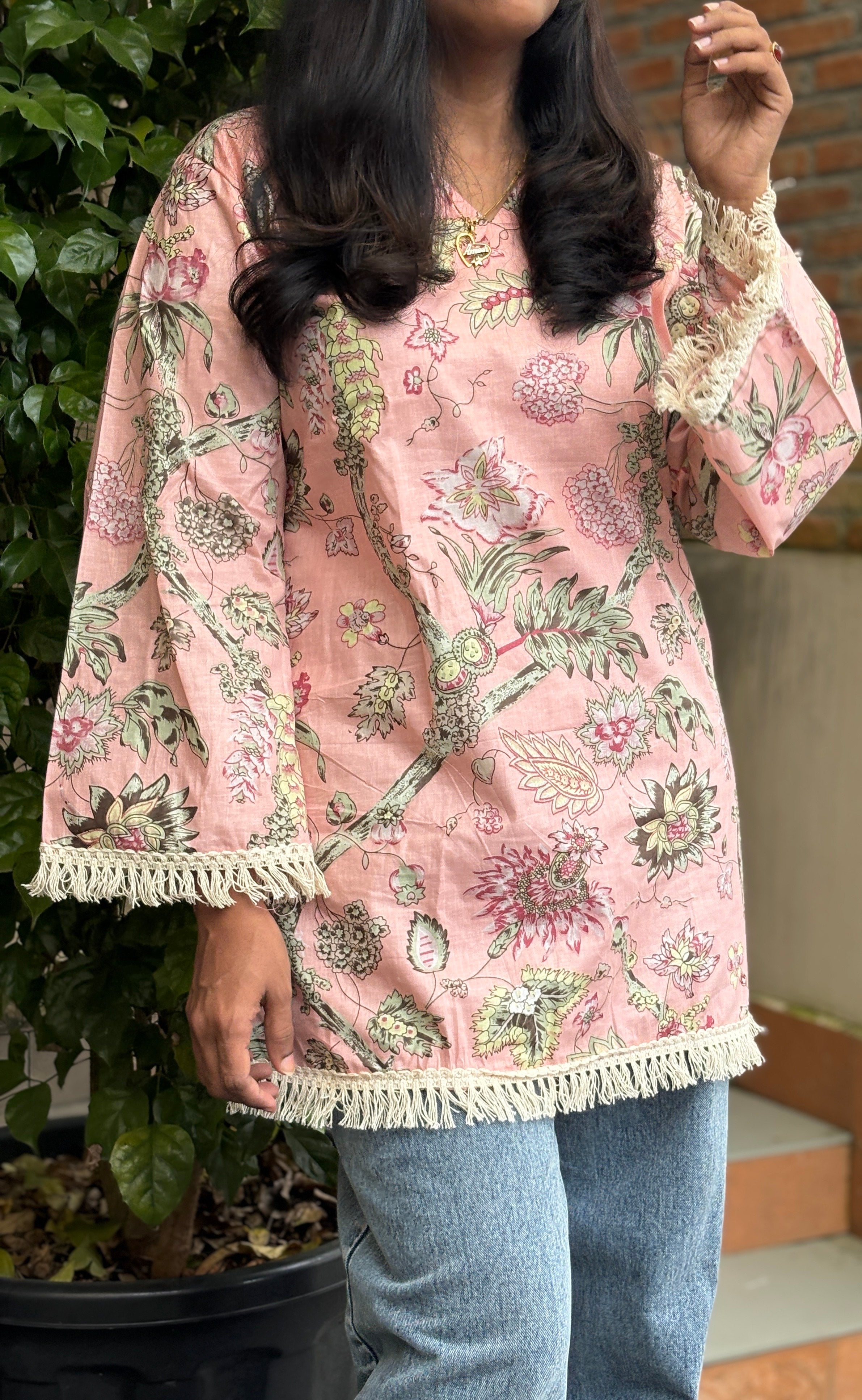 Short Kurti - Peachy Pink  Croschet Lace