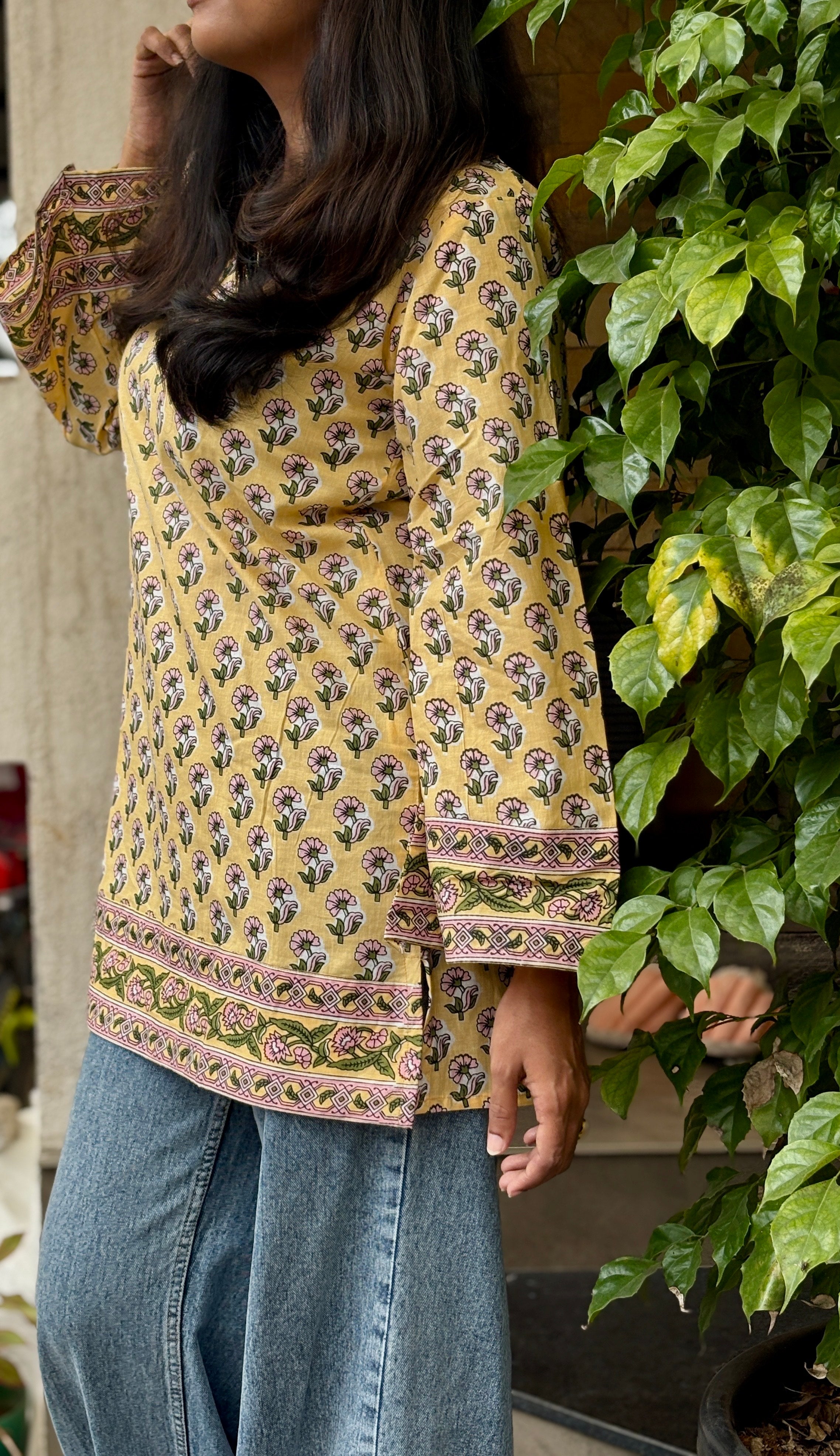 Short Kurti -  Pastel Yellow Floral Print