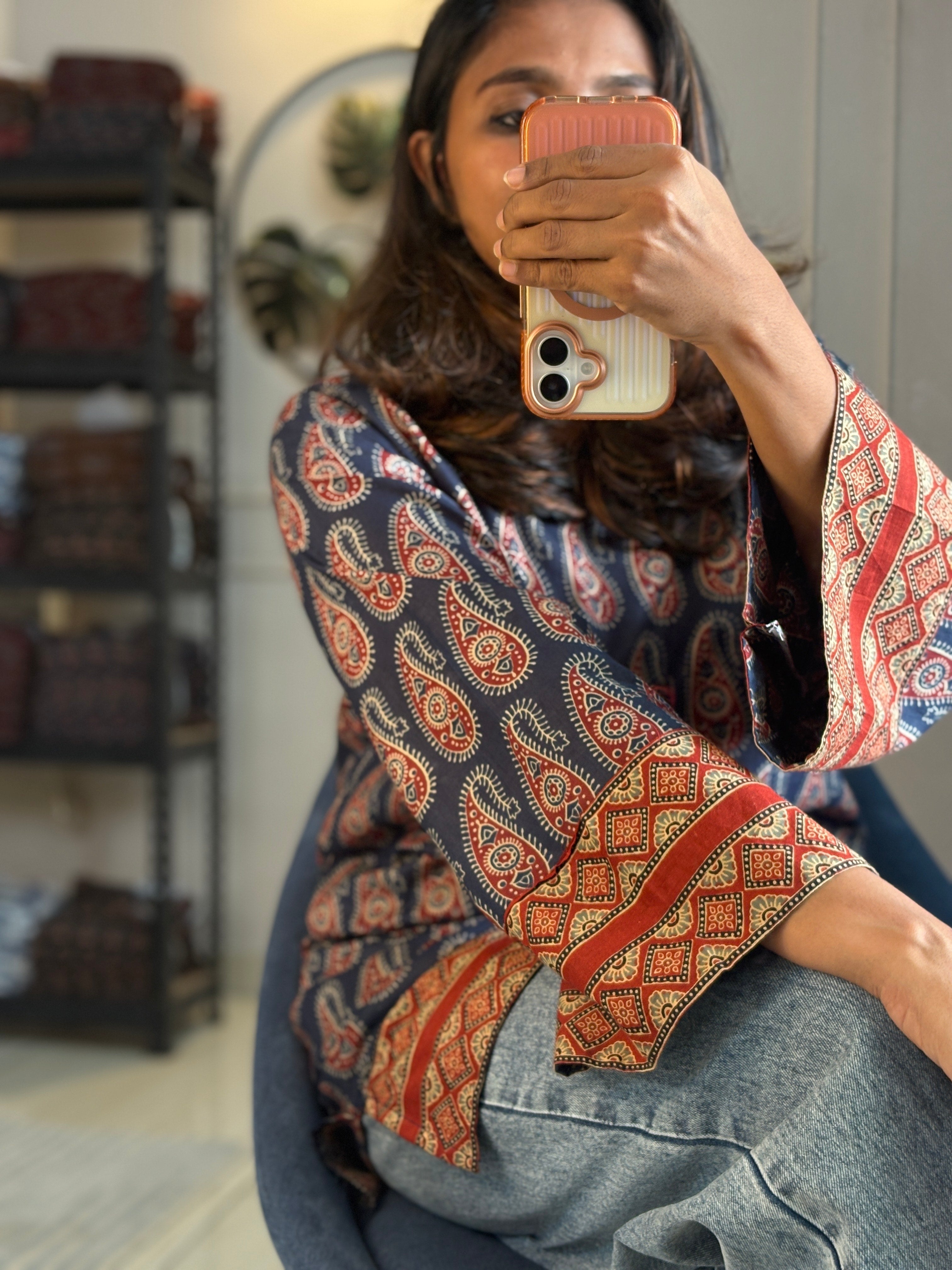 Short Kurti - Ajrak Blue Signature Red