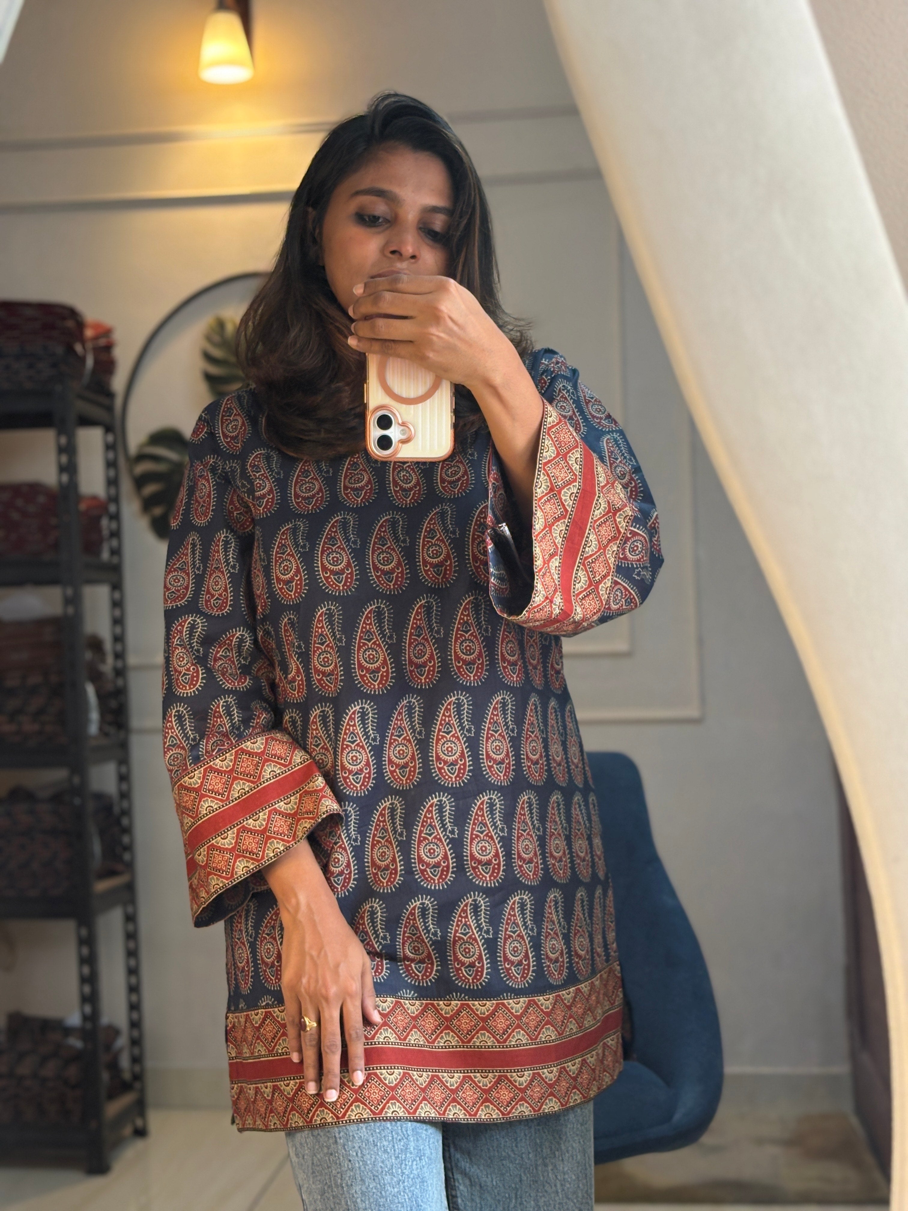 Short Kurti - Ajrak Blue Signature Red
