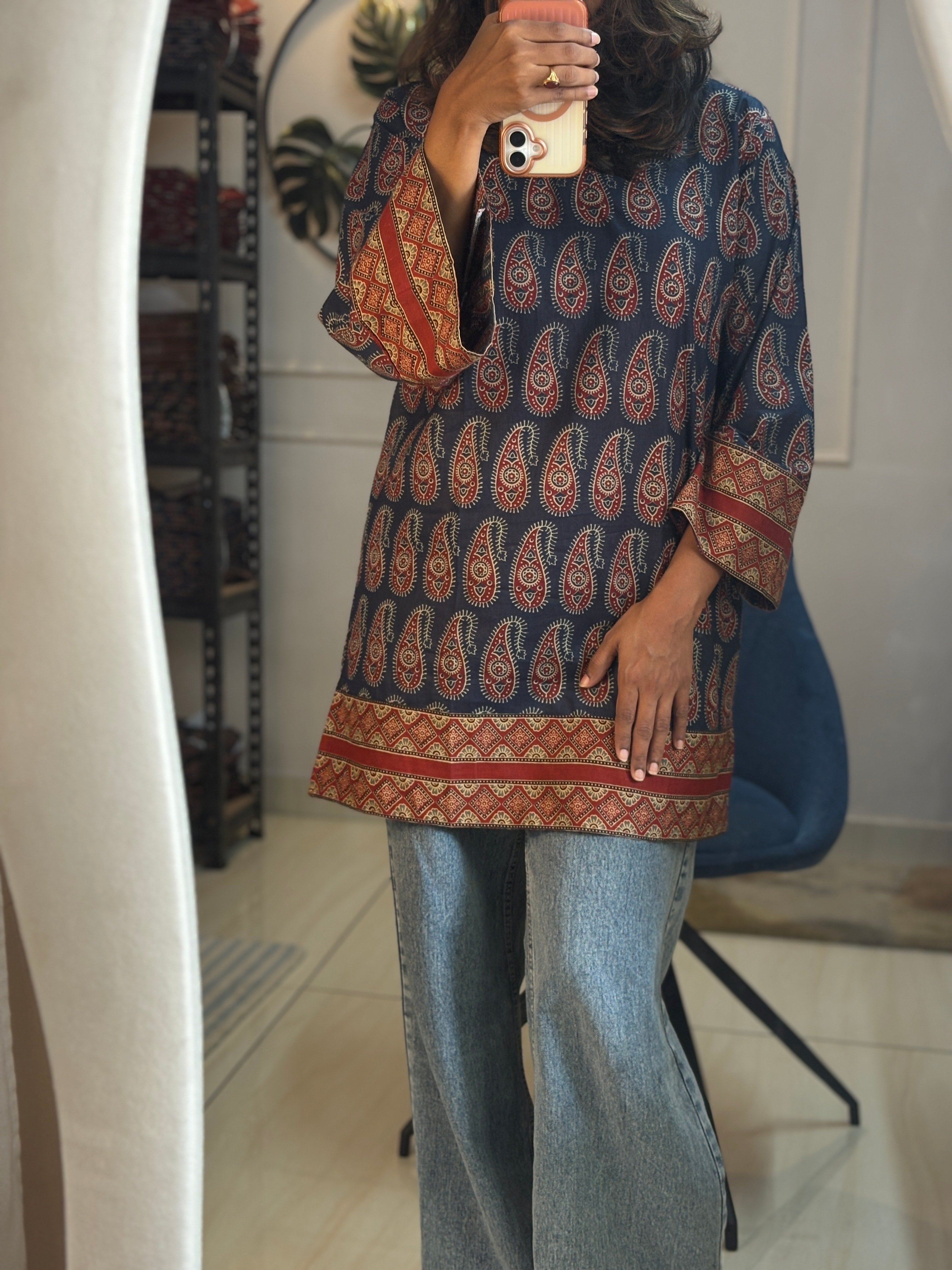 Short Kurti - Ajrak Blue Signature Red