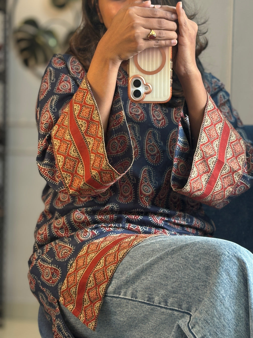 Short Kurti - Ajrak Blue Signature Red